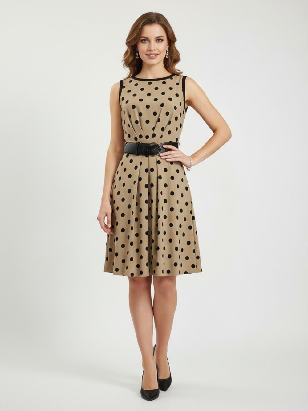 Tahari Sleeveless Polka Dot A-Line Midi Dress Tan Black Size 6